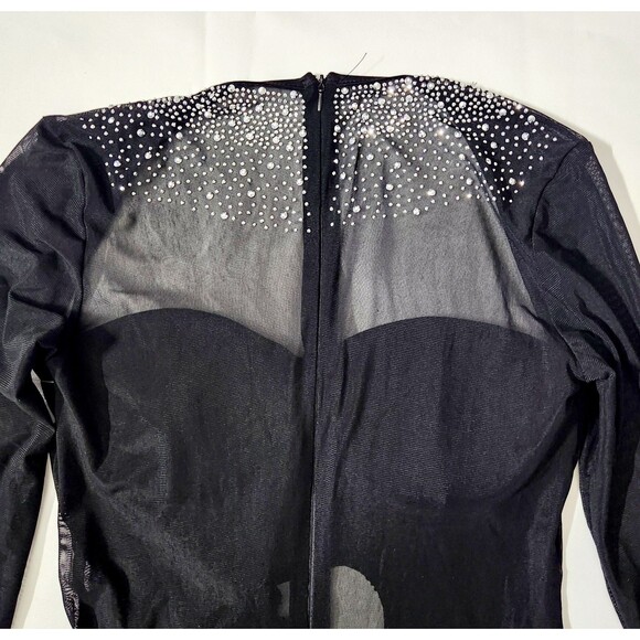 Deja Vu Dress Size M Long Sleeve Sheer Cutout Formal Dress Black High Slit Gems - Picture 9 of 13